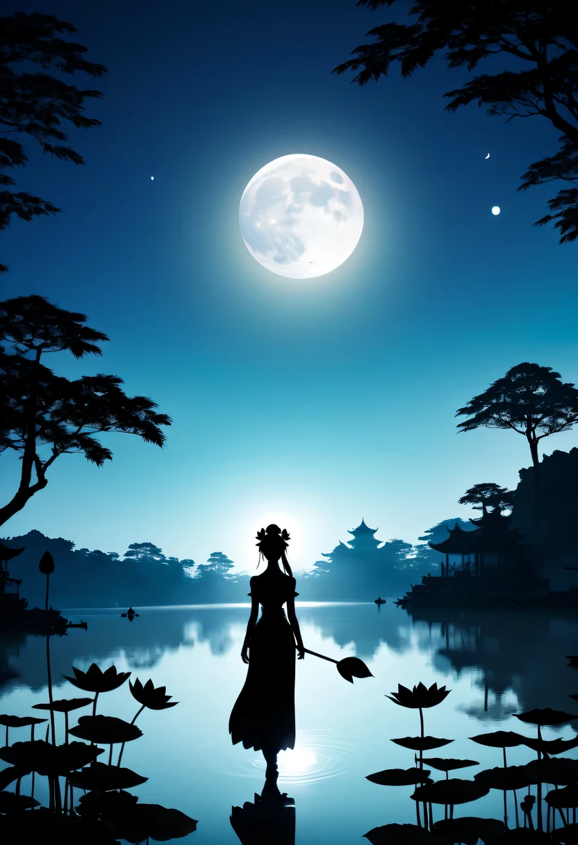(Heroine silhouette:1.5),on the lake,high contrast, movie lighting, Enigmatic Atmosphere,,lotus flower,Lotus leaf,a moon