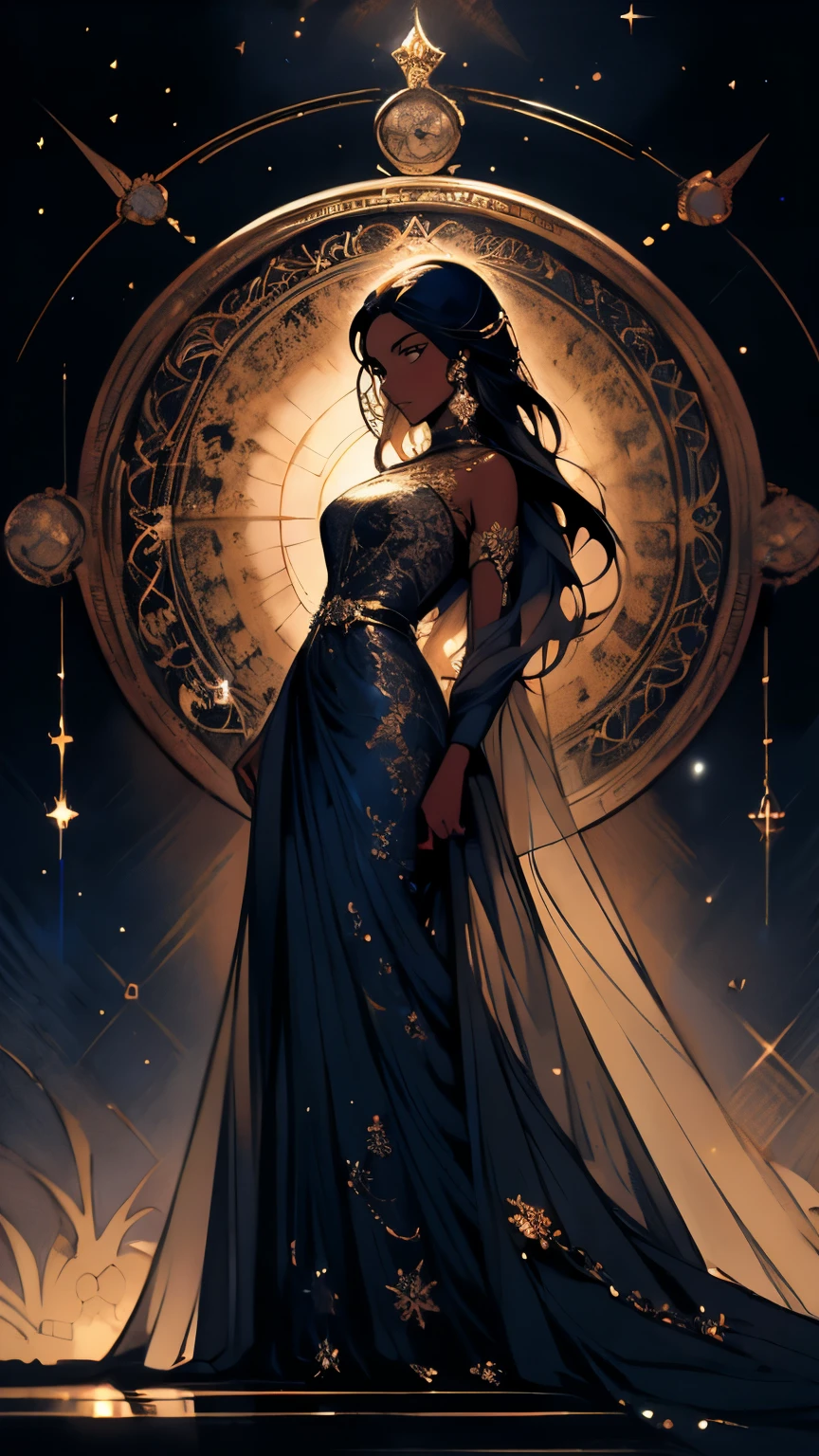 Pino Daeni, (1golden filigree clock), ((beautiful black Ethiopian woman ))clear defined facial features, soft black hair, stunning brown eyes, attractive hourglass figure, fitted blue sheer wrap dress, celestial, astrotraveler, painted illustrations, (((dark sienna skintone))), sparkling stars in a dark blue galaxy, ornate masterpiece, Korean comic realism, cinematic, crystallography by Friedrich Haag, medium camera shot, high angle, tessellation by Maurits Cornelis Escher, zodiak, intricate details, depth of field, by Kay Nielsen, Diane Dillon, Julie de Graag, vibrant night sky colors, nightcore, femme fatale, 16K, best quality 