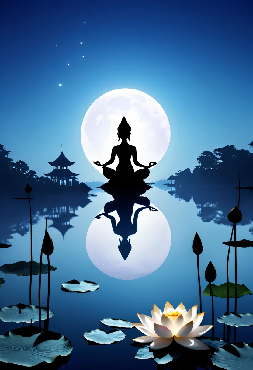 (yoga silhouette:1.5),on  the lake，high contrast, movie lighting, Enigmatic Atmosphere,，lotus flower，Lotus leaf，a moon