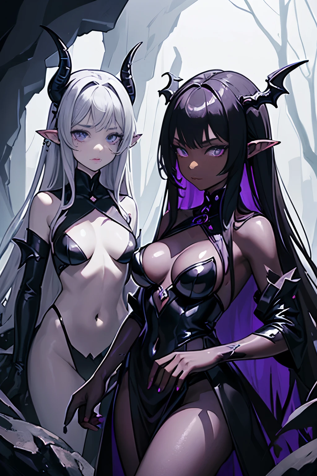 (masterpiece,best quality,Super detailed),2 girls,pointed ears,dark gray hair,dark skin, glowing eyes,dark purple eyes,Beautiful and detailed face,delicate eyes,small breasts,black skirt,In a dark cave covered in black slime,(oil tar,tar spill),fluorescent mushrooms, purple mushroom,(gray theme) ((dragon girl)) ((purple skin))