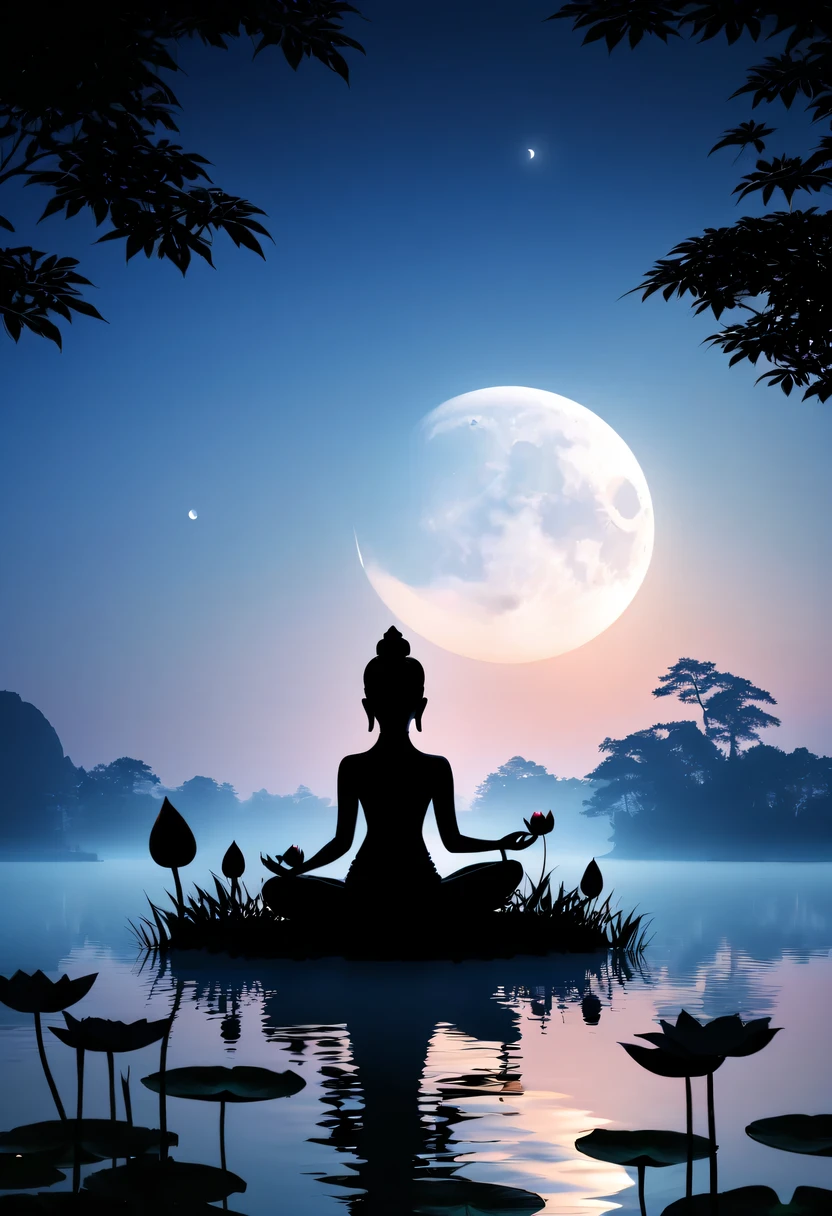 (yoga silhouette:1.5),on the lake,high contrast, movie lighting, Enigmatic Atmosphere,,lotus flower,Lotus leaf,a moon