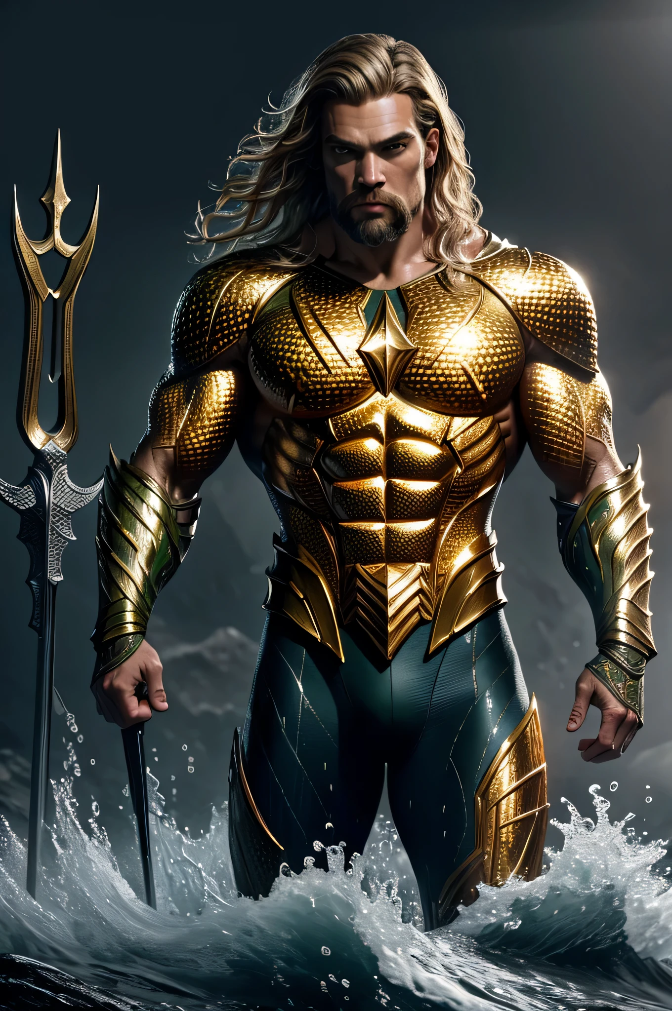 (8k, RAW photo, best quality, masterpiece: 1.2), ultra-detailed, formal art, photorealism: 1.37, upper body shot, DC Aquaman, film grain, action pose