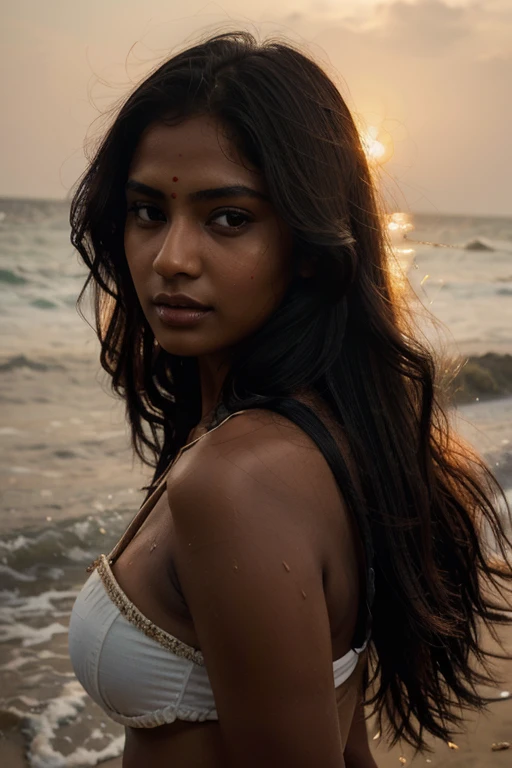 a close up of a woman with long hair in beach wearing wet beach dress, indian girl with brown skin, indian, photo of a beautiful woman, hindu aesthetic, with dark complexion, provocative indian, indian super model, infp young woman, portrait of a beautiful model, long flowing dark hair, beautiful portrait, detailed long black hair, beautiful portrait of a woman, indian style