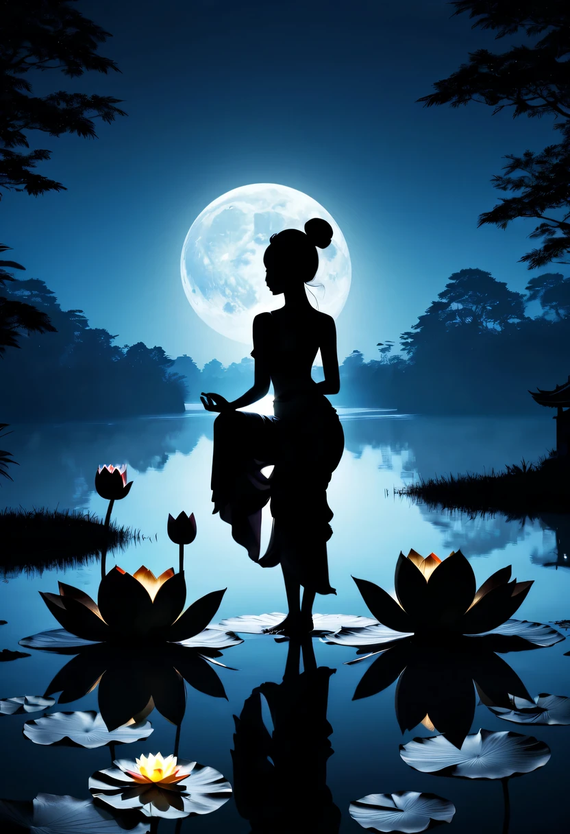 (yoga silhouette:1.5),on the lake,high contrast, movie lighting, Enigmatic Atmosphere,,lotus flower,Lotus leaf,a moon