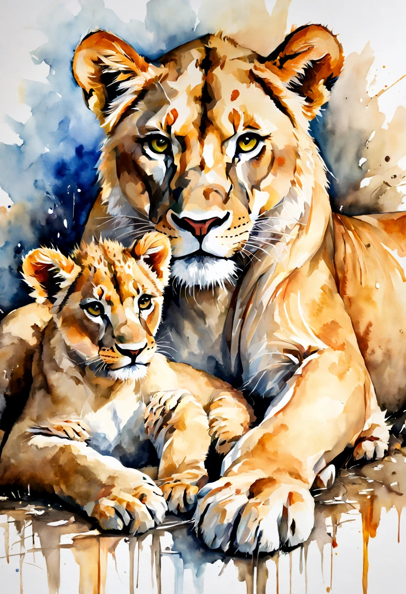 A painting of a recumbent lioness with two cubs, a watercolor painting, by Micha Klein, shutterstock contest winner, beautiful oil painting on canvas, amazing composition, oil painting in a modern style, artur bordalo, a beautiful artwork illustration, cute detailed artwork, tenderness, maxim sukharev, embracing, lowres, edge, gouache on canvas, perfect Wide long shot visual