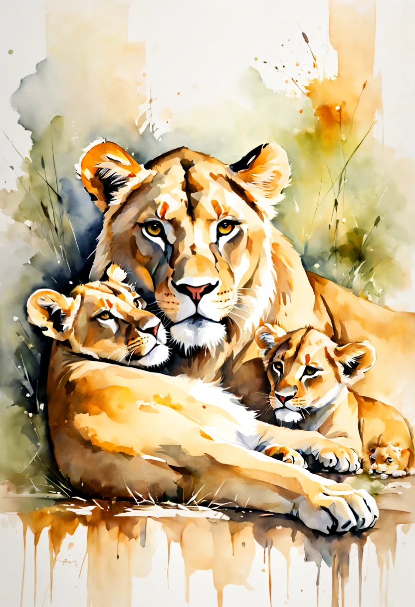 A painting of a recumbent lioness with two cubs, a watercolor painting, by Micha Klein, shutterstock contest winner, beautiful oil painting on canvas, amazing composition, oil painting in a modern style, artur bordalo, a beautiful artwork illustration, cute detailed artwork, tenderness, maxim sukharev, embracing, lowres, edge, gouache on canvas, perfect Wide long shot visual