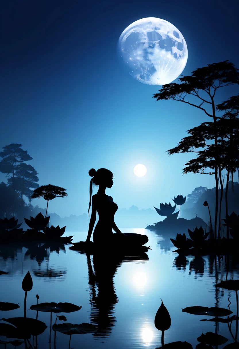 (yoga silhouette:1.5),on  the lake，high contrast, movie lighting, Enigmatic Atmosphere,，lotus flower，Lotus leaf，a moon