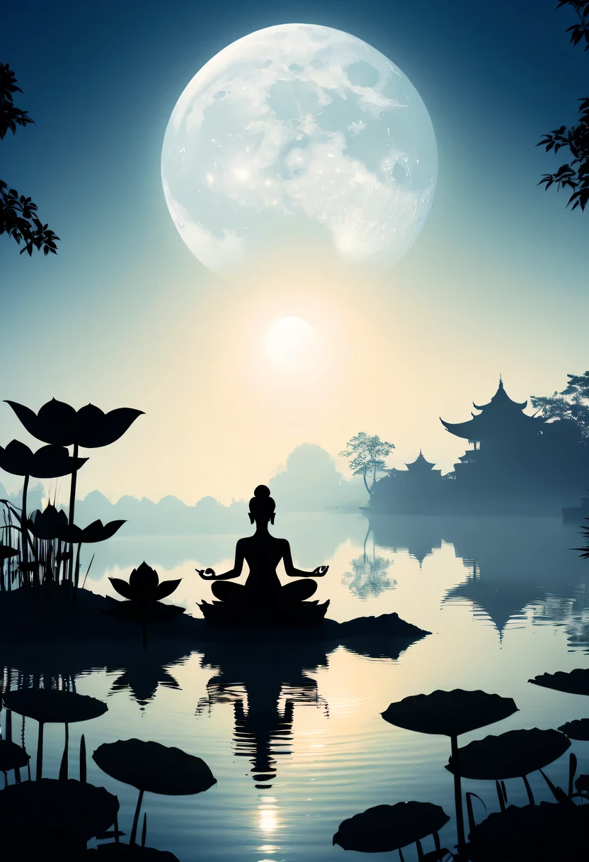 (yoga silhouette:1.5),on the lake,high contrast, movie lighting, Enigmatic Atmosphere,,lotus flower,Lotus leaf,a moon