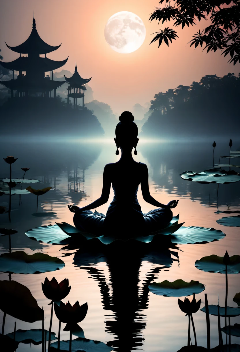 (yoga silhouette:1.5),on the lake,high contrast, movie lighting, Enigmatic Atmosphere,,lotus flower,Lotus leaf,a moon