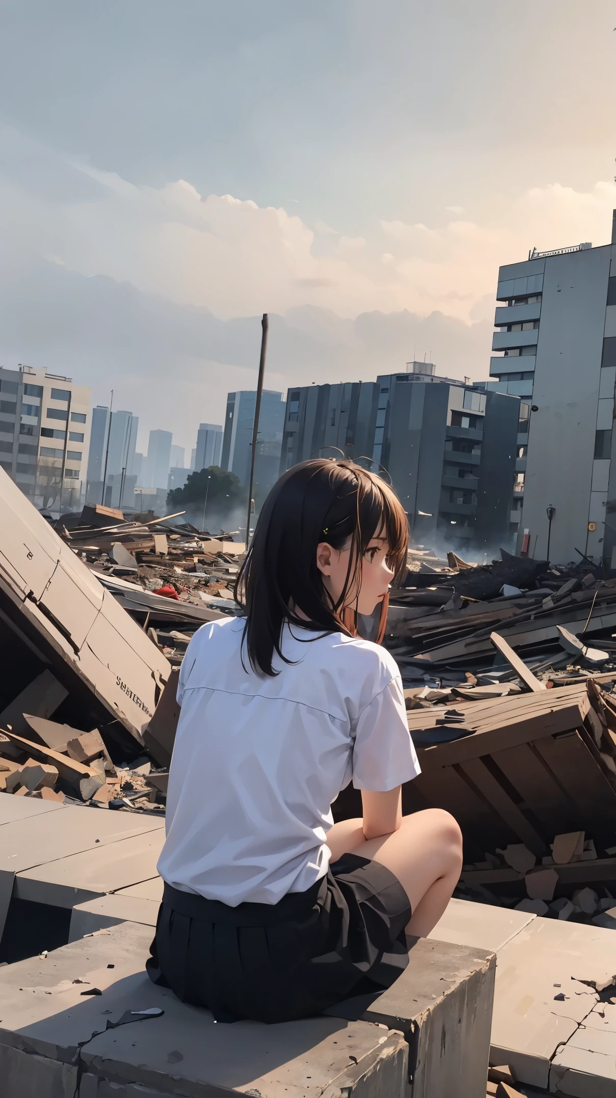 original photo of a female student wearing a small skirt and t-shirt, and Its hand, sitting on the rubble while snipe the far away enemy on build, under the corner of the plan and tank with Indonesian symbol in it body, and clear aura, with the background destroy building and change it fire form in the crowd soldier, top view looking far away 4K original quality photo eyes looking at the camera
