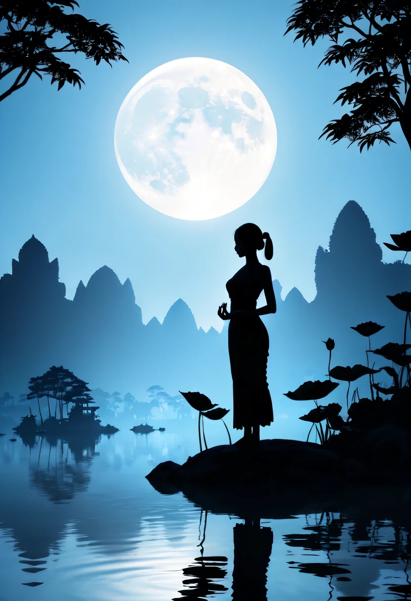 (yoga silhouette:1.5),on the lake,high contrast, movie lighting, Enigmatic Atmosphere,,lotus flower,Lotus leaf,a moon