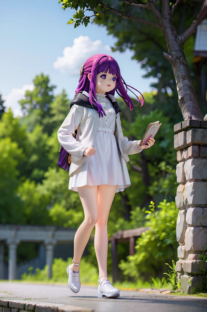 1 girl、(body floating)、full body description、slim、accurate line of sight、blue eyes、smile、purple hair、long hair、white dress、Wooden cane、bridge、forest park、Brigade Road、travel tour、Roman Temple、guidebook、Magic Book、old book、