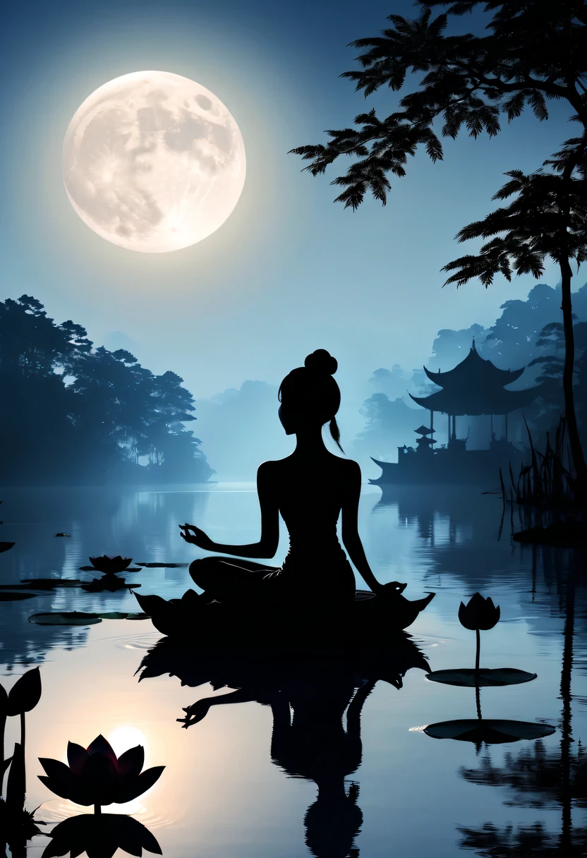 (yoga silhouette:1.5),on the lake,high contrast, movie lighting, Enigmatic Atmosphere,,lotus flower,Lotus leaf,a moon