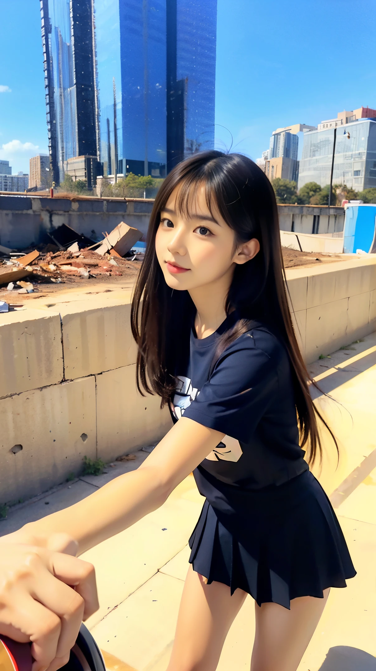 original photo of a female student wearing a small skirt and t-shirt, and Its hand, sitting on the rubble while snipe the far away enemy on build, under the corner of the plan and tank with Indonesian symbol in it body, and clear aura, with the background destroy building and change it  fire form in the crowd soldier, top view looking far away 4K original quality photo eyes looking at the camera