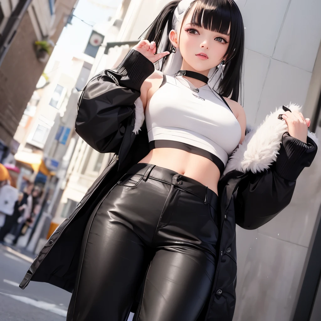 Female with baggy black pants a white crop top and a white polka dot fur coat with her hair wavy with black and white colors and she looks 18