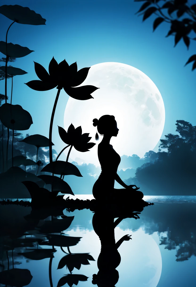 (yoga silhouette:1.5),on  the lake，high contrast, movie lighting, Enigmatic Atmosphere,，lotus flower，Lotus leaf，a moon