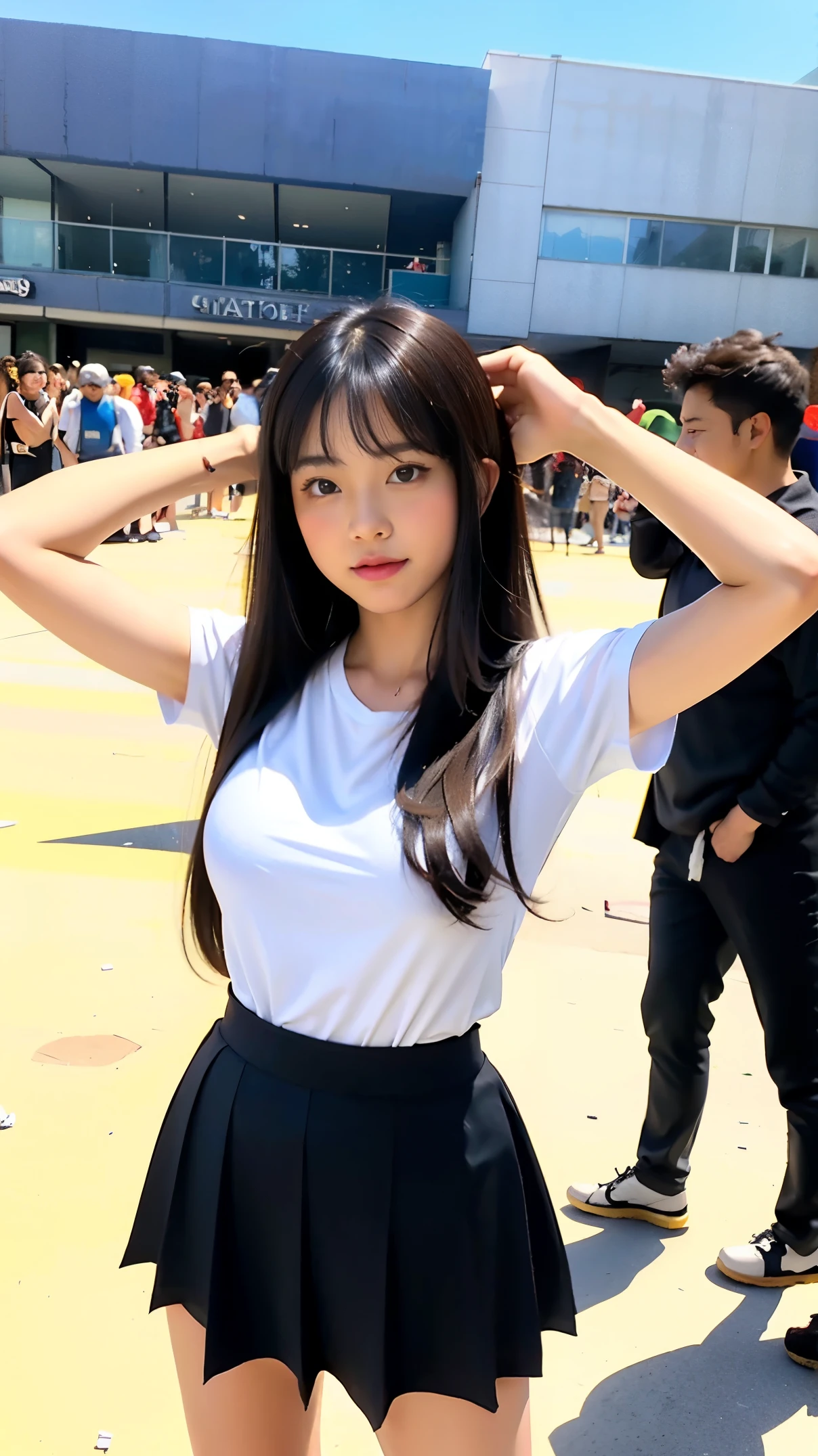 original photo of a female student wearing a small skirt and t-shirt, and Its hand, sitting on the rubble while snipe the far away enemy on build, under the corner of the plan and tank with Indonesian symbol in it body, and clear aura, with the background destroy building and change it  fire form in the crowd soldier, top view looking far away 4K original quality photo eyes looking at the camera