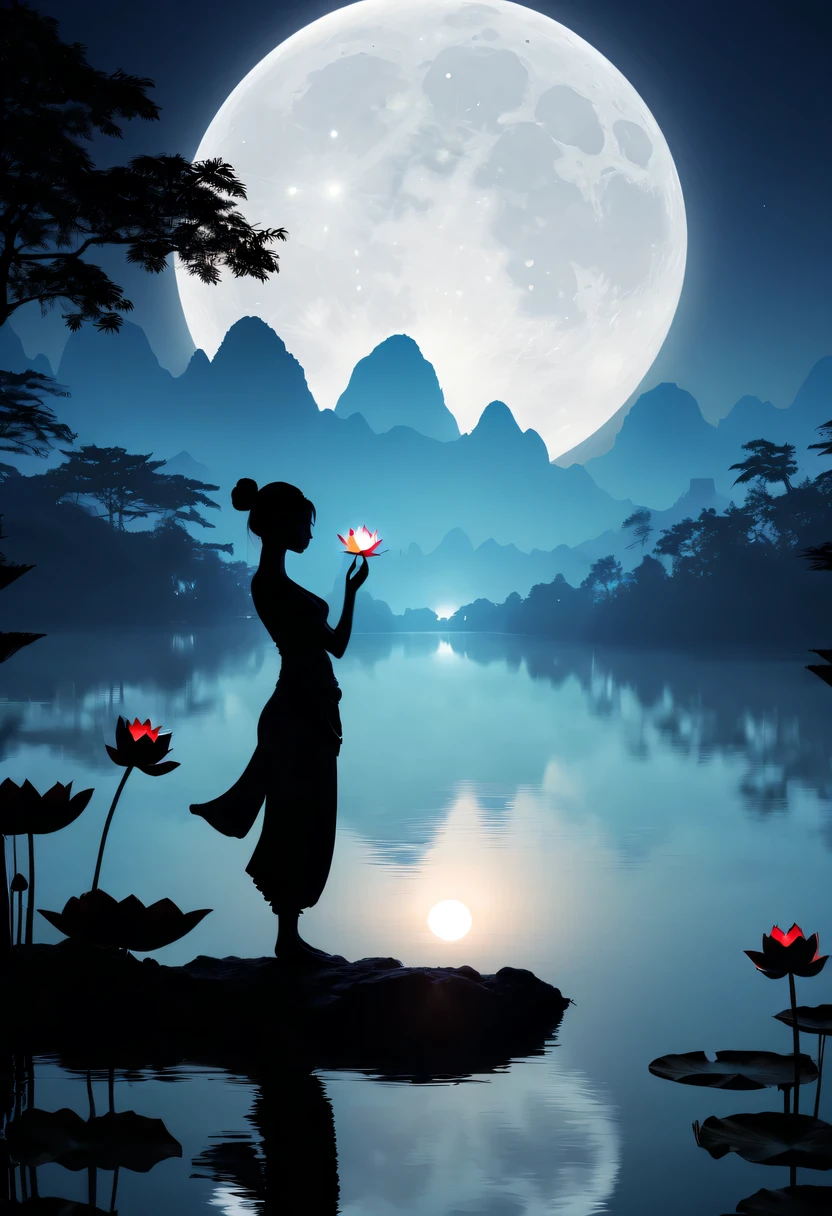 (yoga silhouette:1.5),on the lake,high contrast, movie lighting, Enigmatic Atmosphere,,lotus flower,Lotus leaf,a moon