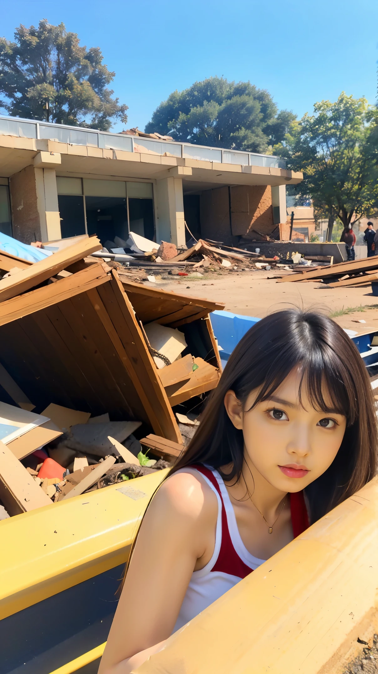 original photo of a female student wearing a small skirt and t-shirt, and Its hand, sitting on the rubble while snipe the far away enemy on build, under the corner of the plan and tank with Indonesian symbol in it body, and clear aura, with the background destroy building and change it  fire form in the crowd soldier, top view looking far away 4K original quality photo eyes looking at the camera