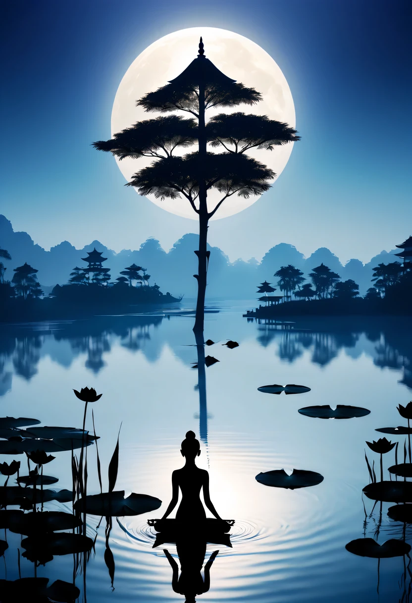 (yoga silhouette:1.5),on the lake,high contrast, movie lighting, Enigmatic Atmosphere,,lotus flower,Lotus leaf,a moon