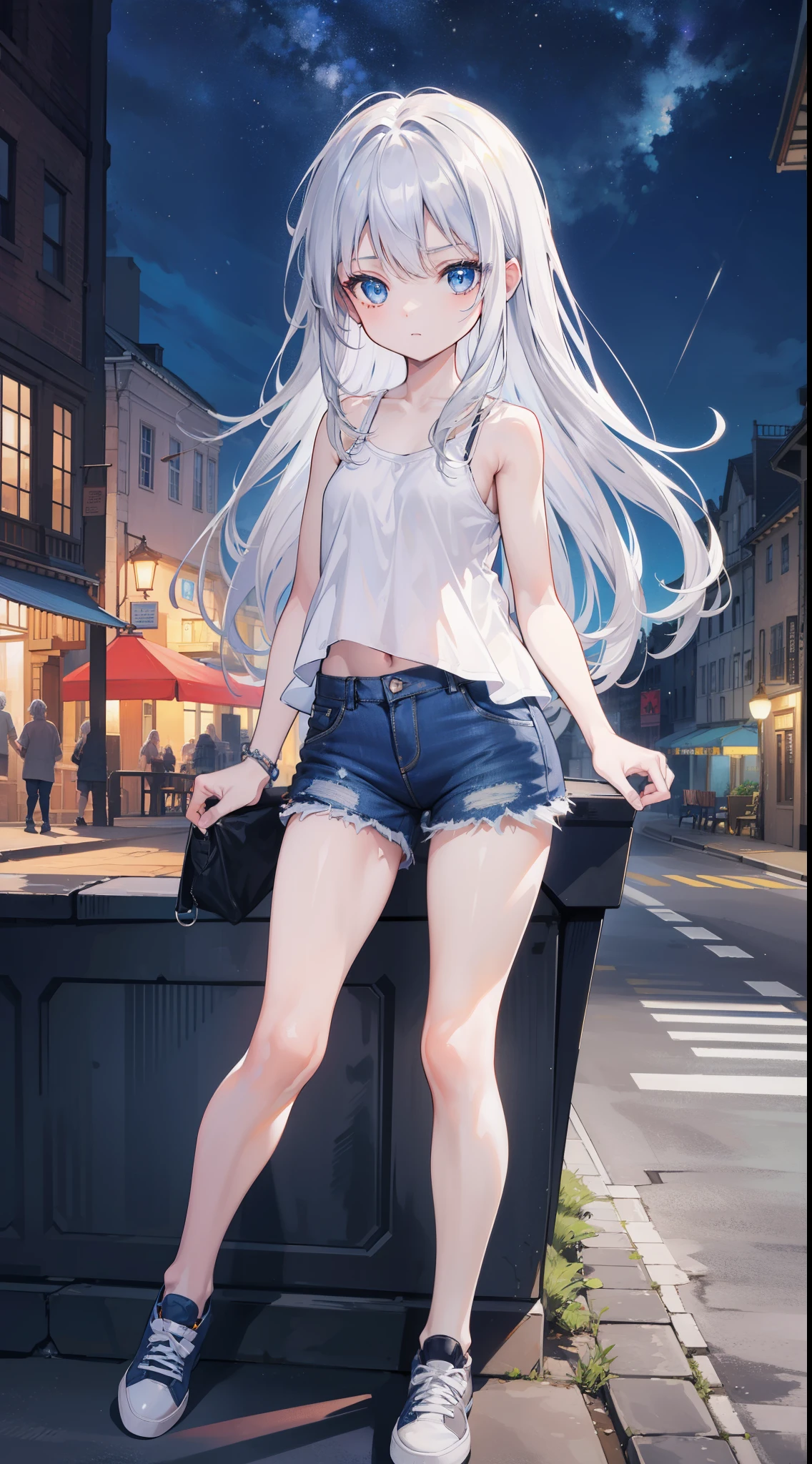 32k, best quality, ultra-detailed, high resolution, perfect anatomy, head on, beautiful town background, night, cute l, beautiful blue eyes, ideal ratio body proportions, Tank top, jeans shorts, silver hair, long hair,