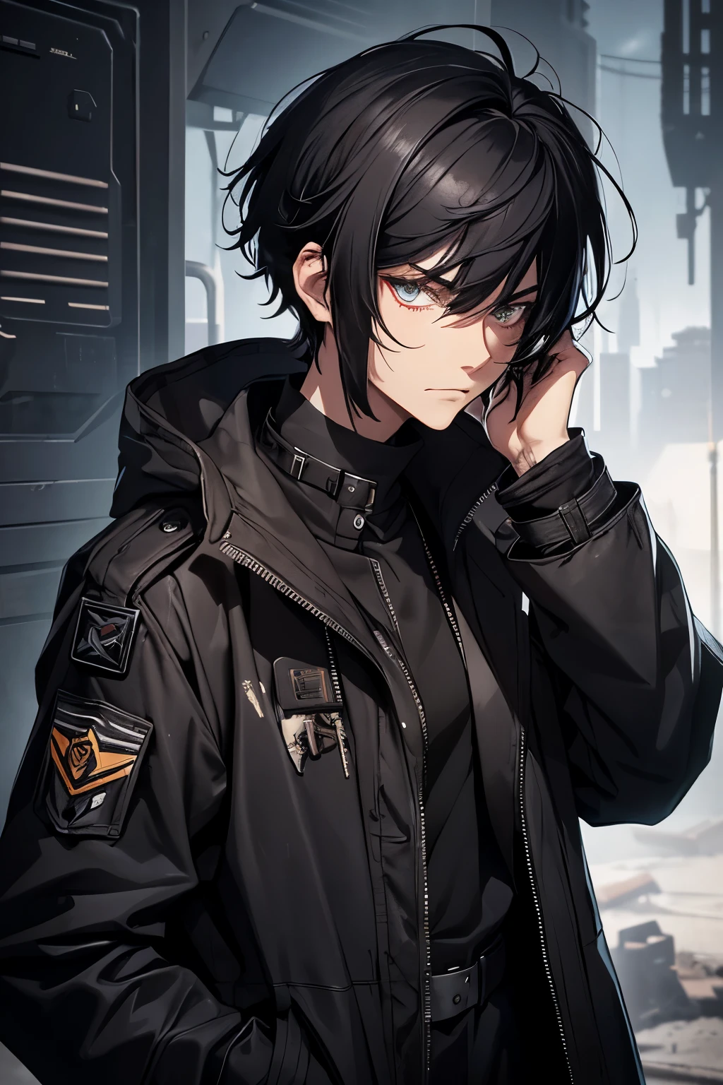 male, 20 years old, portrait, jet black hair, messy bad haircut, dark eyeshadow, short, bad posture, open black trench coat, mech pilot, pilot suit underneath coat, frowning, science fiction, pale skin, both hands in pocket, pathetic, ugly, short hair, black old hat, ((dirty clothes)), (tattered clothes)