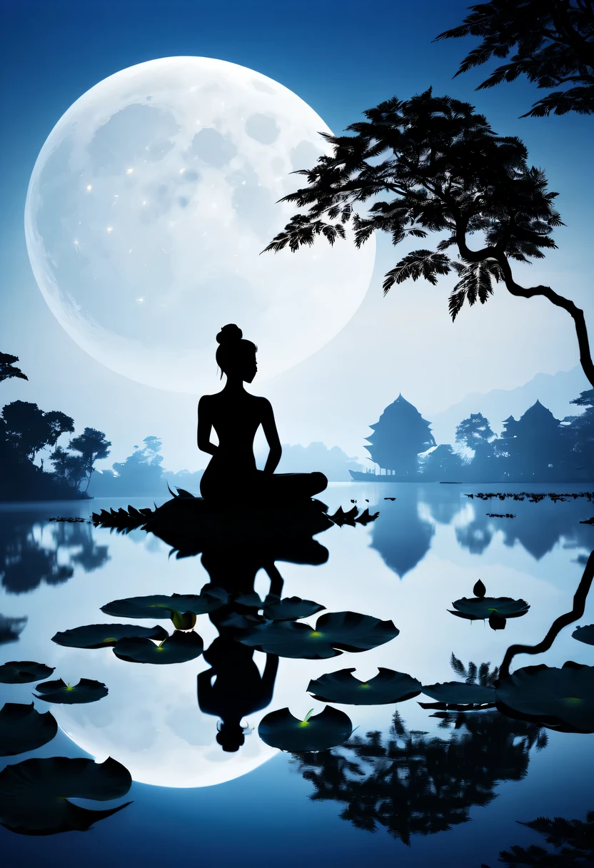 (yoga silhouette:1.5),on  the lake，high contrast, movie lighting, Enigmatic Atmosphere,，lotus flower，Lotus leaf，a moon