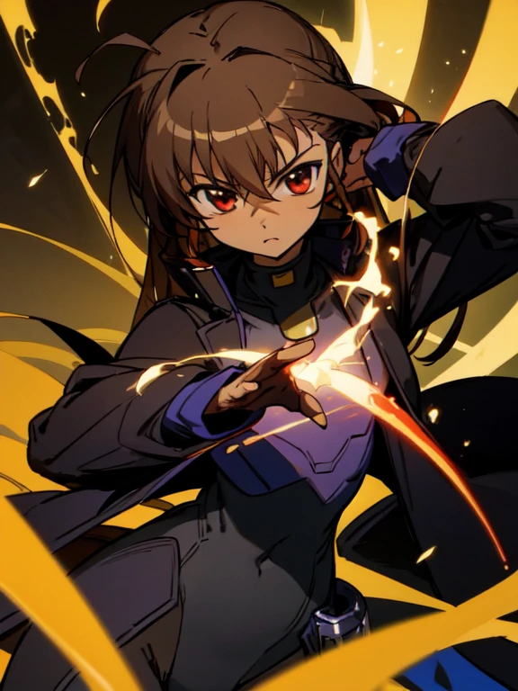 Masterpiece, Top quality, high resolution, highres, 8k, best quality, , 1 male, shotate, innocent, dark skin, otokonoko, red eye's, dark brown hair long hair in a side-swept style smooth, wearing an a black bodysuit, black gaunlets, black coat, magical girl lyrical nanoha vivio, cute artstyle