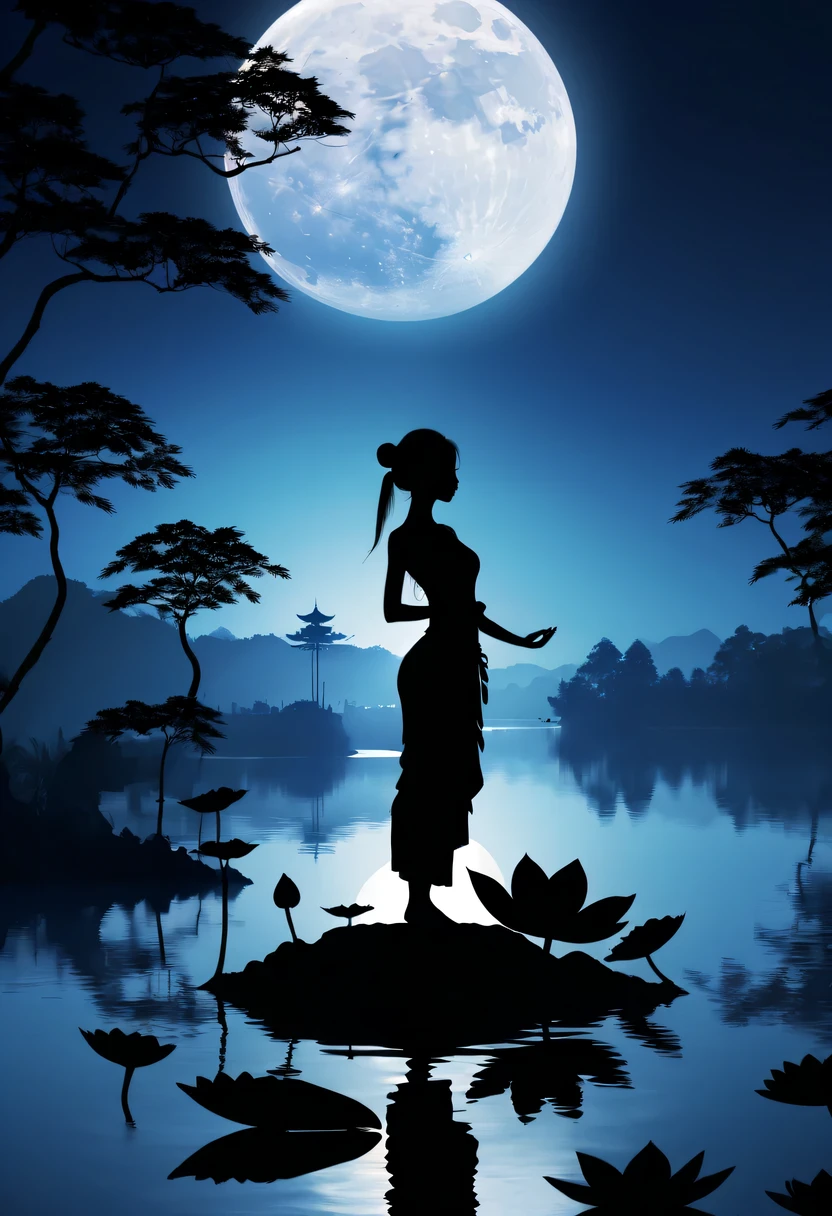 (yoga silhouette:1.5),on  the lake，high contrast, movie lighting, Enigmatic Atmosphere,，lotus flower，Lotus leaf，a moon