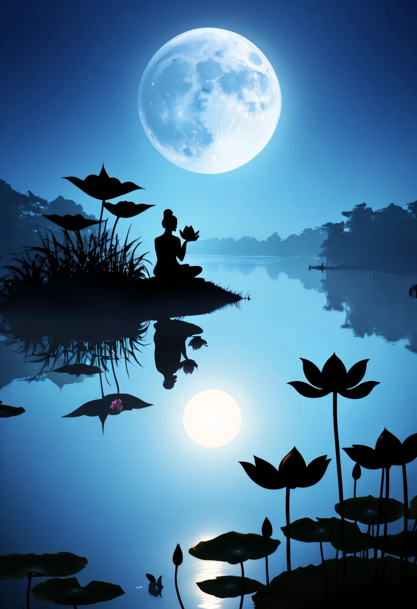 (yoga silhouette:1.5),on the lake,high contrast, movie lighting, Enigmatic Atmosphere,,lotus flower,Lotus leaf,a moon