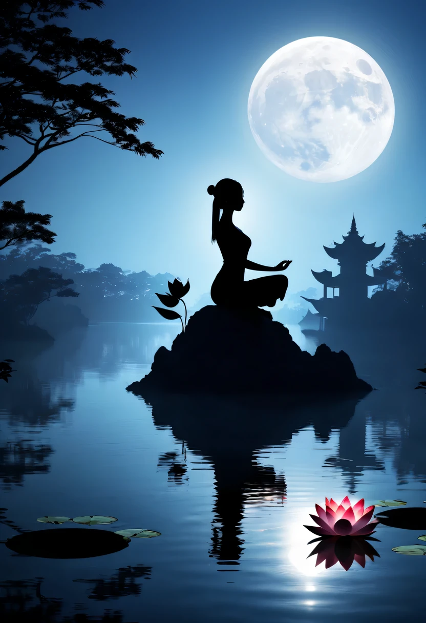 (yoga silhouette:1.5),on the lake,high contrast, movie lighting, Enigmatic Atmosphere,,lotus flower,Lotus leaf,a moon