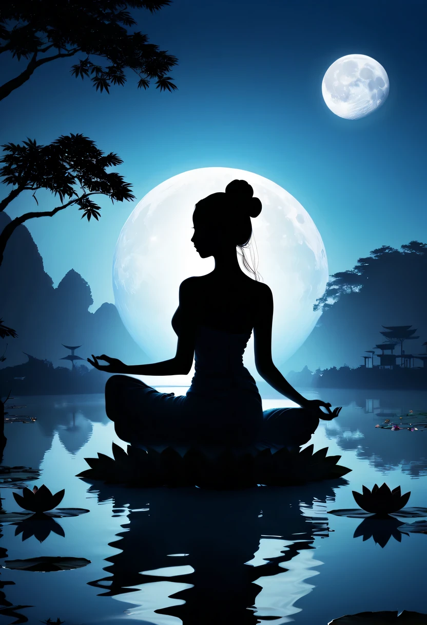 (yoga silhouette:1.5),on the lake,high contrast, movie lighting, Enigmatic Atmosphere,,lotus flower,Lotus leaf,a moon