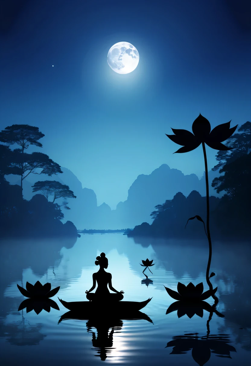 (yoga silhouette:1.5),on the lake,high contrast, movie lighting, Enigmatic Atmosphere,,lotus flower,Lotus leaf,a moon