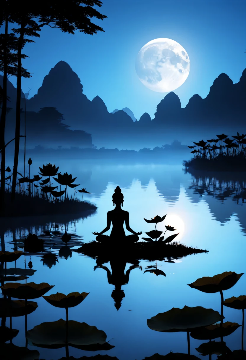 (yoga silhouette:1.5),on the lake,high contrast, movie lighting, Enigmatic Atmosphere,,lotus flower,Lotus leaf,a moon