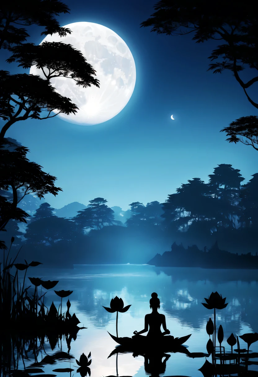 (yoga silhouette:1.5),on the lake,high contrast, movie lighting, Enigmatic Atmosphere,,lotus flower,Lotus leaf,a moon