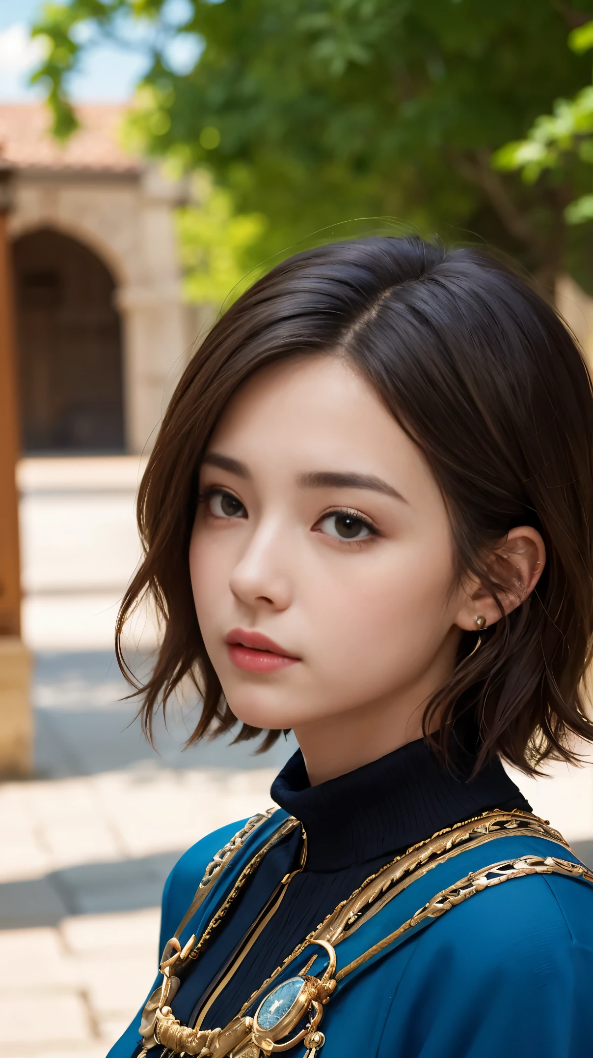 masterpiece, best quality, 8k, super detailed skin, looking off into the distance, jealous, cute, 1girl, short hair, wearing boubou, a secret society of time travelers, 