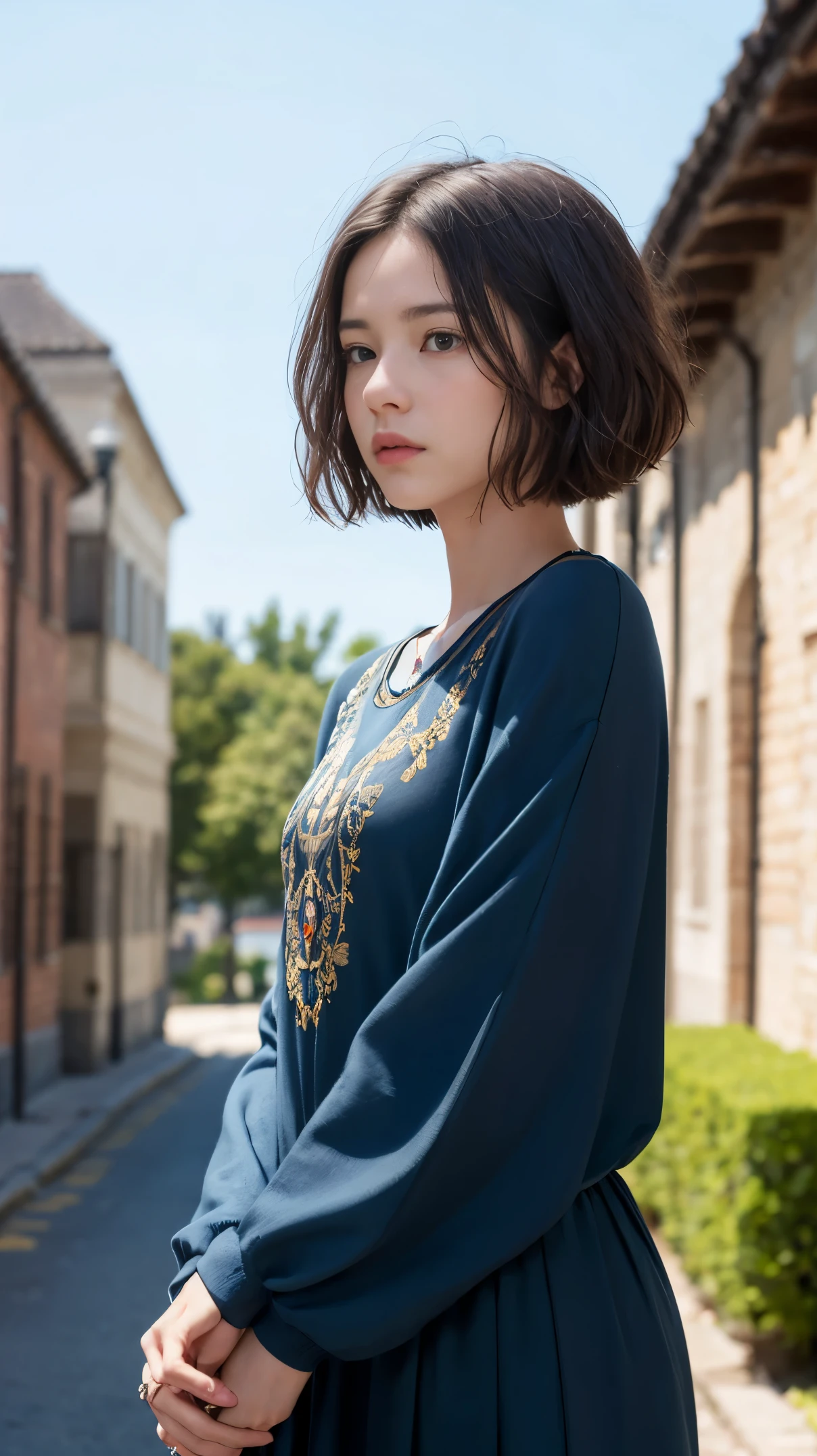 masterpiece, best quality, 8k, super detailed skin, looking off into the distance, jealous, cute, 1girl, short hair, wearing boubou, a secret society of time travelers,
