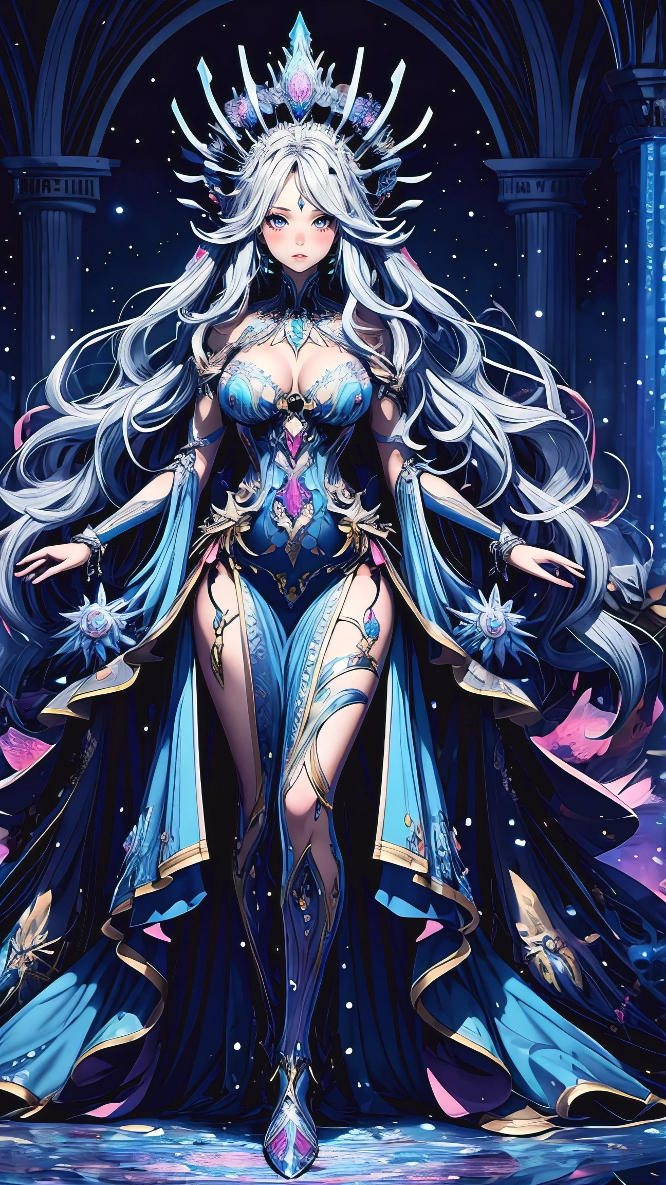 masterpiece, best quality, photorealistic, solo, perfect slim fit body, nice , long wavy hair, hair ornaments, pendant, an alien empress, regal outfit with otherwordly decorations, royalty, complex castle interior from an alien planet, mixture of alien traditional and modern motif, grand scenery, cinematic, epic, elaborate details, spectacular, standing pose, vibrant