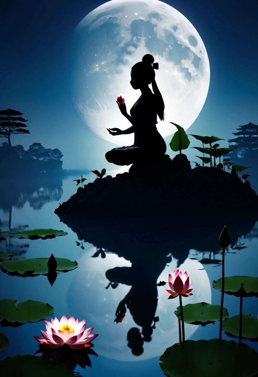 (yoga silhouette:1.5),on the lake,high contrast, movie lighting, Enigmatic Atmosphere,,lotus flower,Lotus leaf,a moon