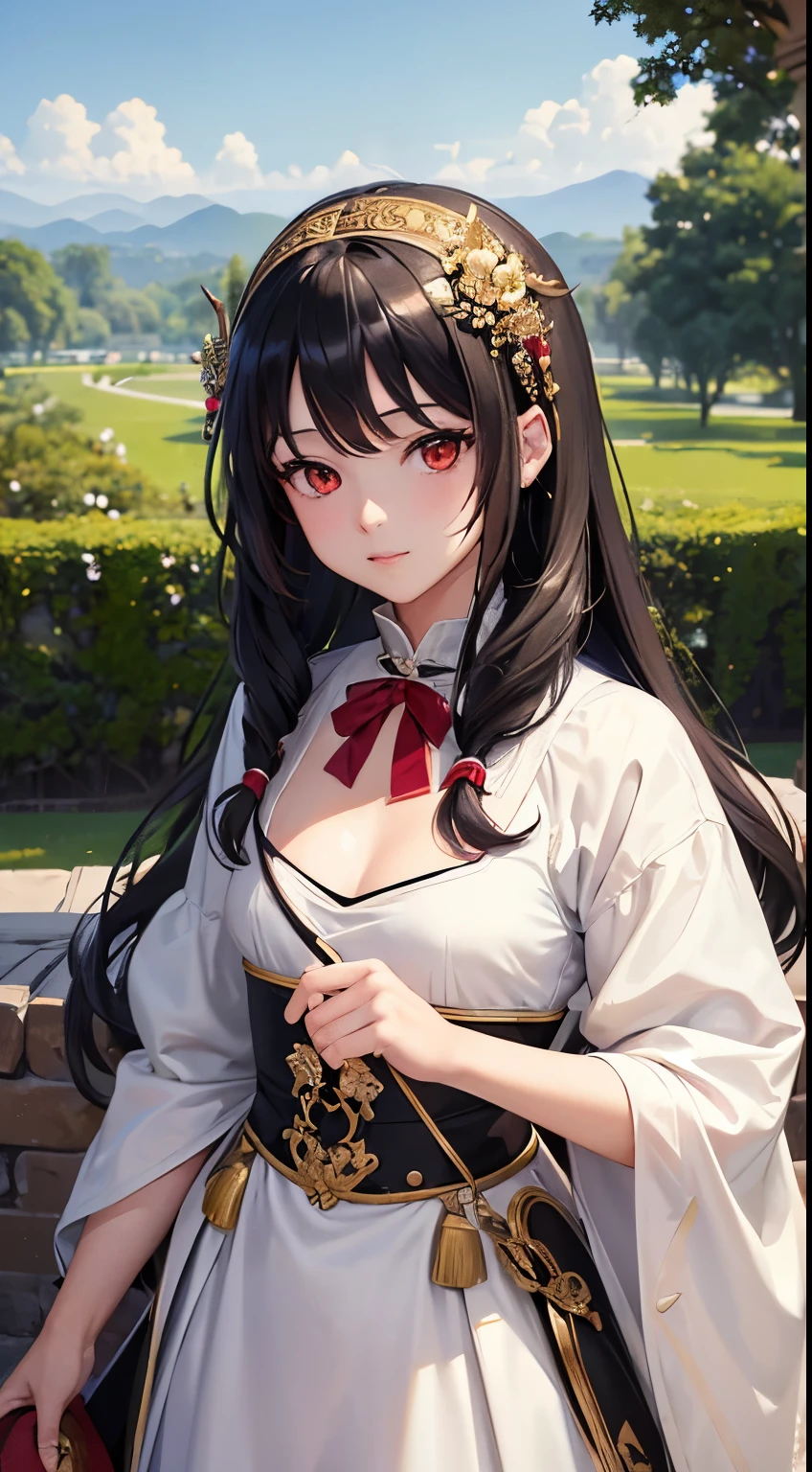 1 girl, A high resolution, (Anime style:1.1), ((masterpiece:1.5)), ((Best quality:1.3)), (very ultra-detailed:1.3), (Beautiful:1.3), 独奏, Beautiful face, , radiant skin, at the garden, historical dramatic scene, wearing gorgeous historical outfit, (historical outfit:1.3), black hair, (black long hair:1.3), (red eyes:1.3), view the viewer, Lens flare, Dramatic, (small breast:1.2).