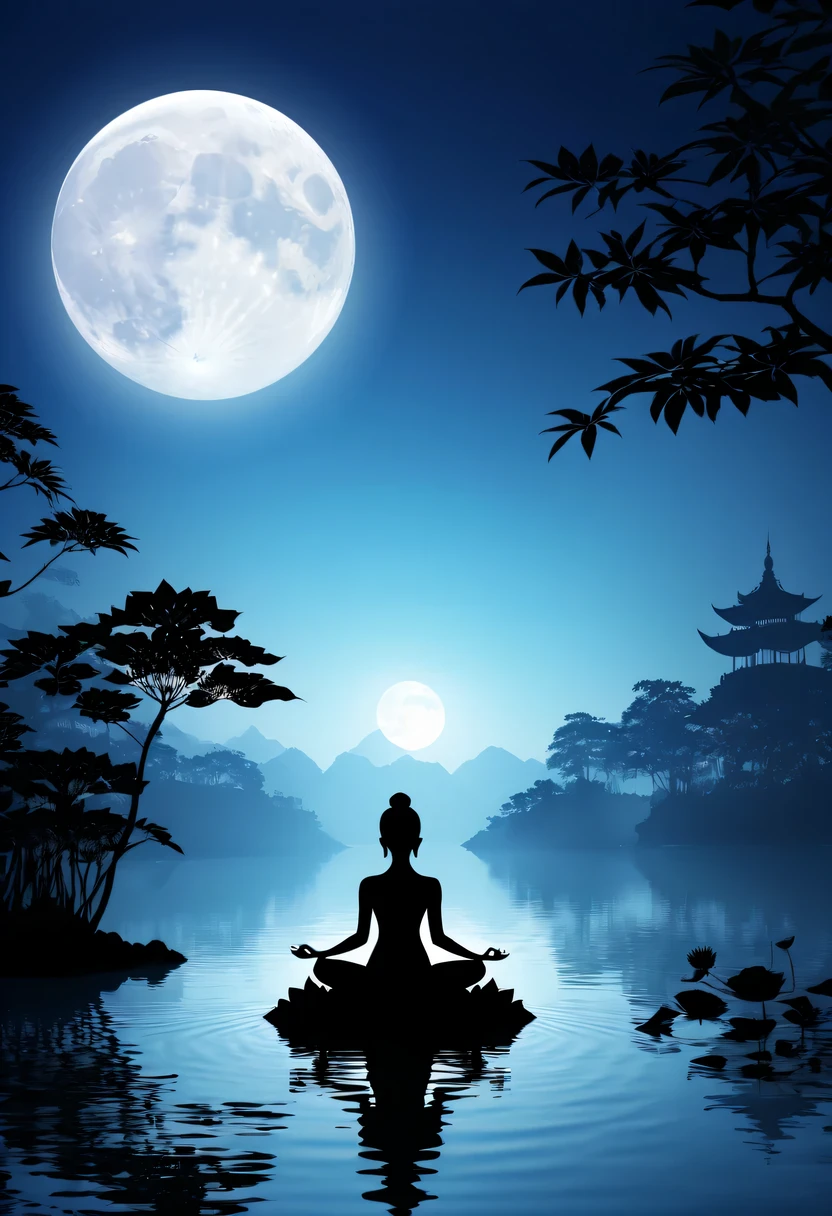 (yoga silhouette:1.5),on the lake,high contrast, movie lighting, Enigmatic Atmosphere,,lotus flower,Lotus leaf,a moon