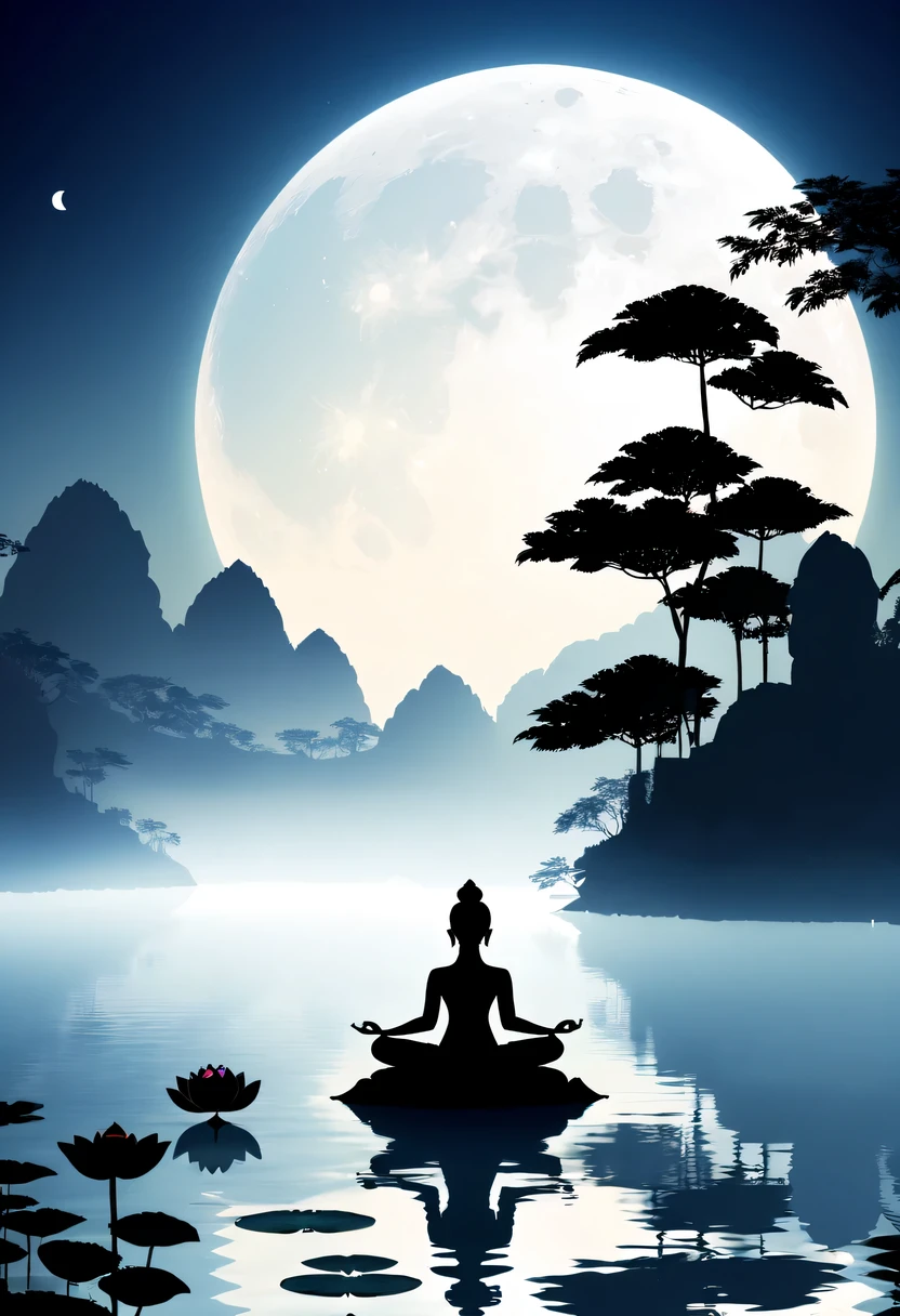 (yoga silhouette:1.5),on the lake,high contrast, movie lighting, Enigmatic Atmosphere,,lotus flower,Lotus leaf,a moon