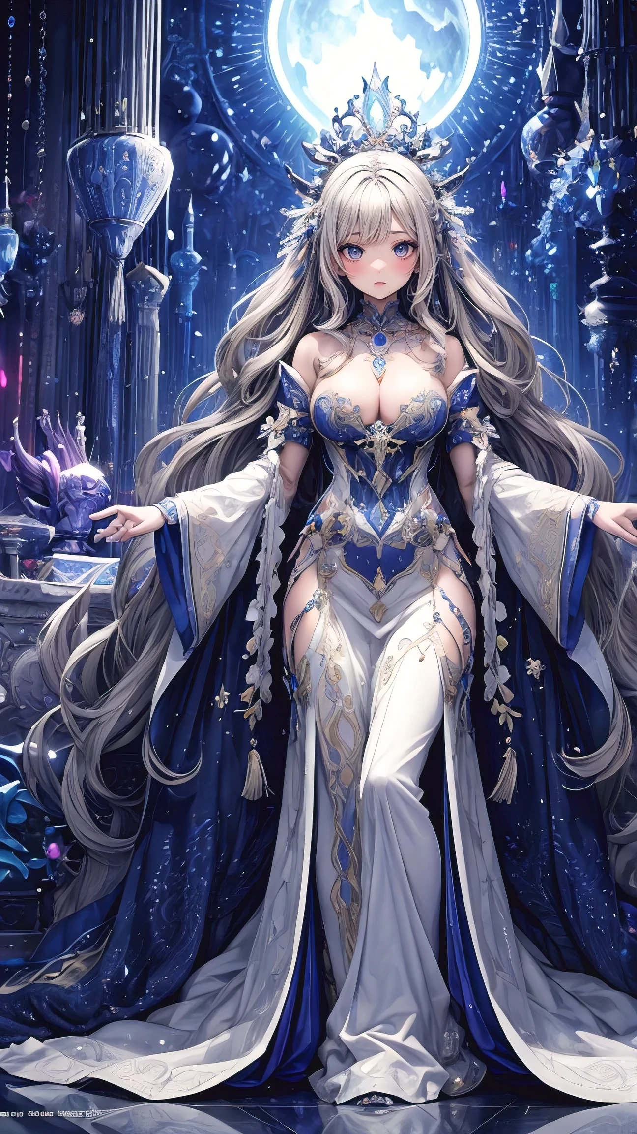 masterpiece, best quality, photorealistic, solo, perfect slim fit body, nice breasts, long wavy hair, hair ornaments, pendant, an alien empress, regal outfit with otherwordly decorations, royalty, complex castle interior from an alien planet, mixture of alien traditional and modern motif, grand scenery, cinematic, epic, elaborate details, spectacular, standing pose, vibrant