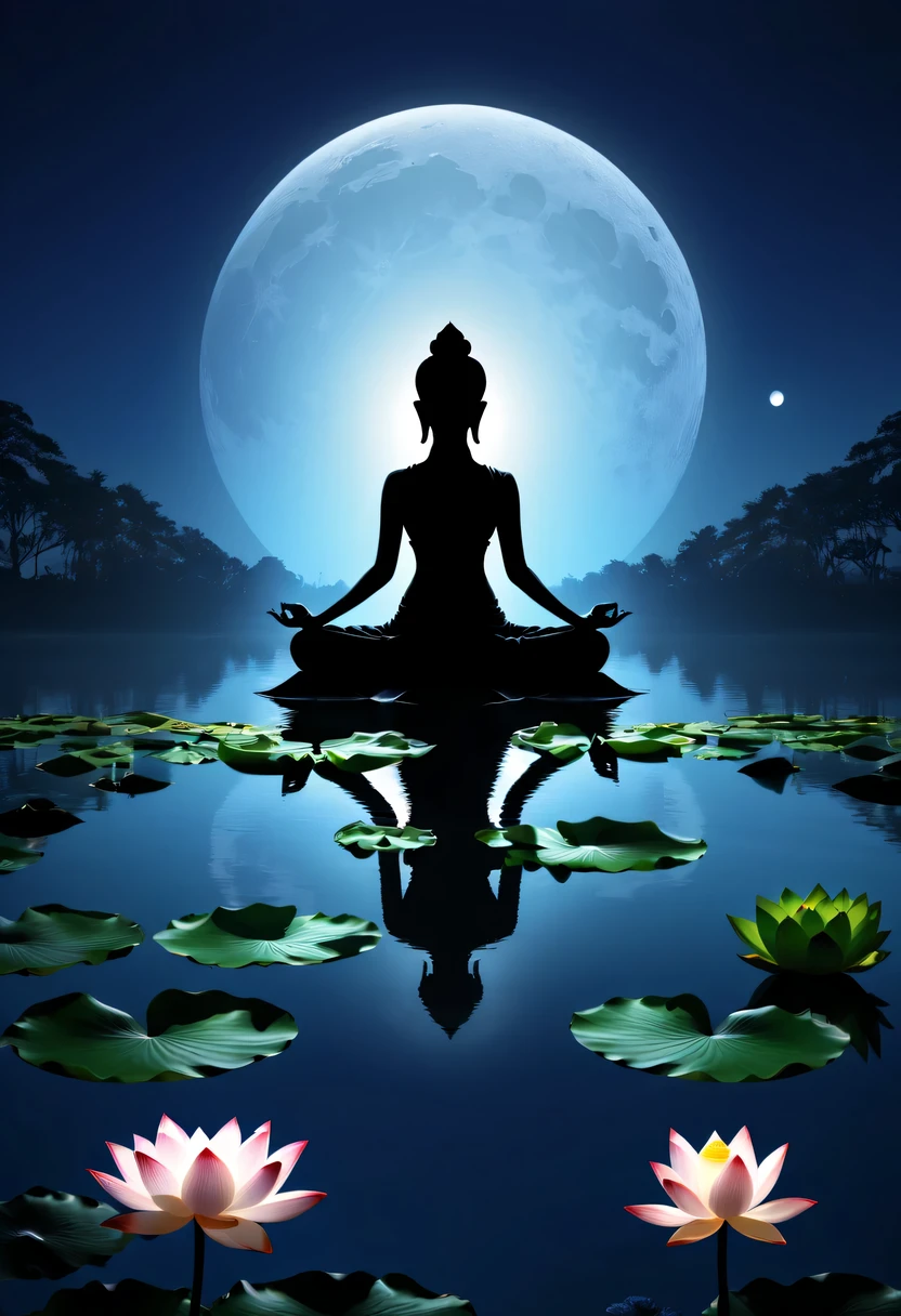 (yoga silhouette:1.5),on the lake,high contrast, movie lighting, Enigmatic Atmosphere,,lotus flower,Lotus leaf,a moon