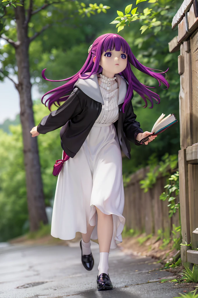 1 girl、(body floating)、full body description、slim、accurate line of sight、blue eyes、cute smile、purple hair、long hair、white dress、Wooden cane、bridge、forest park、Brigade Road、travel tour、Roman Temple、guidebook、Magic book in hand、old book、Espionage、