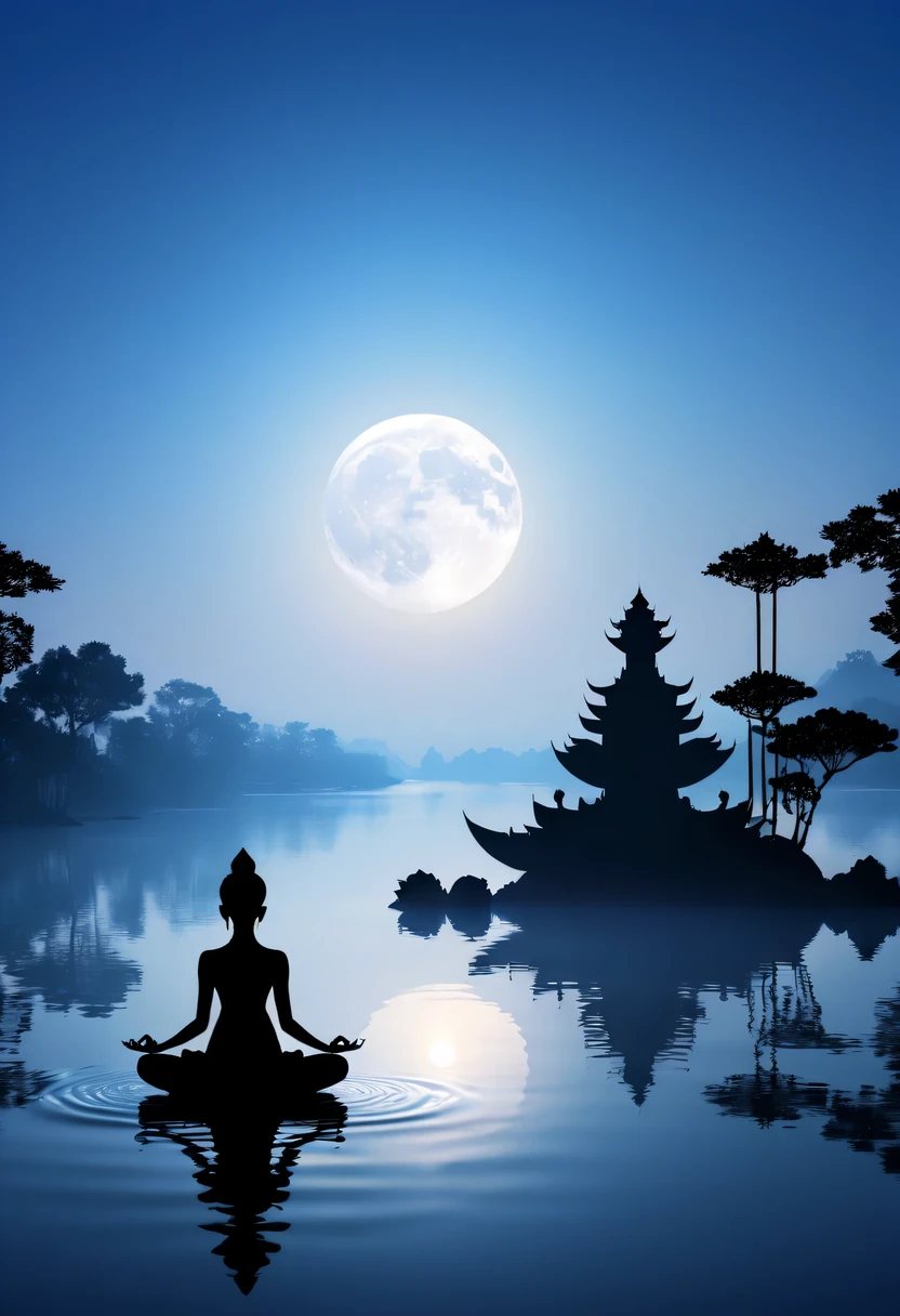 (yoga silhouette:1.5),on the lake,high contrast, movie lighting, Enigmatic Atmosphere,,lotus flower,Lotus leaf,a moon
