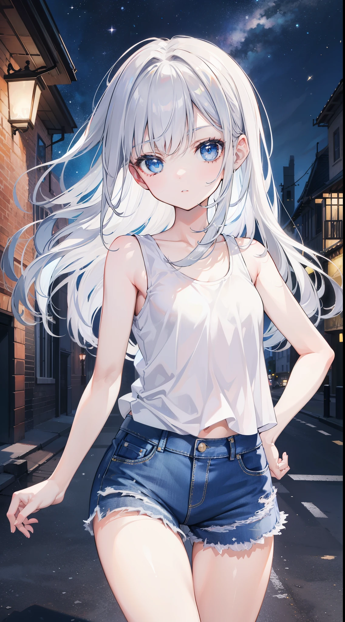 32k, best quality, ultra-detailed, high resolution, perfect anatomy, head on, beautiful town background, night, cute childl, beautiful blue eyes, ideal ratio body proportions, Tank top, jeans shorts, silver hair, long hair,