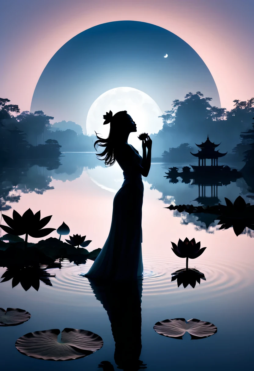 (yoga silhouette:1.5),on  the lake，high contrast, movie lighting, Enigmatic Atmosphere,，lotus flower，Lotus leaf，a moon