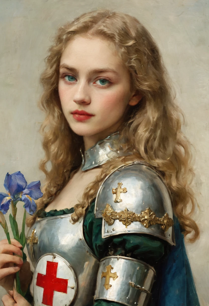 Weiblicher Kreuzritter , Mit Schild und Schwert, Girl, Silber und Gold Verzierungen ,Plate armor , Ketten Hemd, Red cross on white background coat of arms, Schmutzig Blondes Haar, Green blue eyes irises, Mutig, Ovales Gesicht, Ziemlich Sexy , Legende , Intensive Lippen, Heroische Aura, tapfer, Furchtlos , picture Pretty, Sexuell Anregend,(extreme detail description), (sharp focus), (HDR), (UHD), (masterpiece:1.2), (ultra-fine painting),beautiful detailed eyes,long wavy hair,fair skin,smiling face,best quality, highres, Full Body Portrait,
