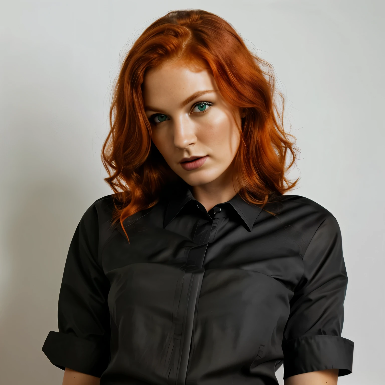 front view, looking at camera, RAW photo,((black shirt:1.2)), ((portrait)),beautiful red hair 30 years old woman, green eyes, perfecteyes eyes, ((white background:1.2)), studio lighting, high quality, film grain, Fujifilm XT3, centralized
